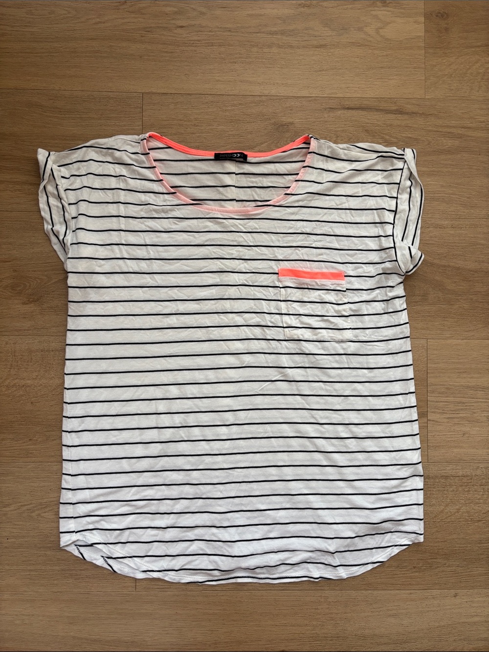 Papermoon White Navy Striped Short Sleeve Tee with Neon Coral Trim